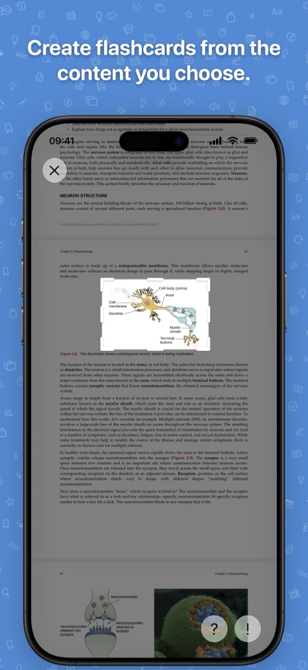Knowmad on iPhone: a book page with a crop rectangle drawn around a labeled diagram of a neuron, and question and answer buttons at the bottom. Caption: Create flashcards from the content you choose.