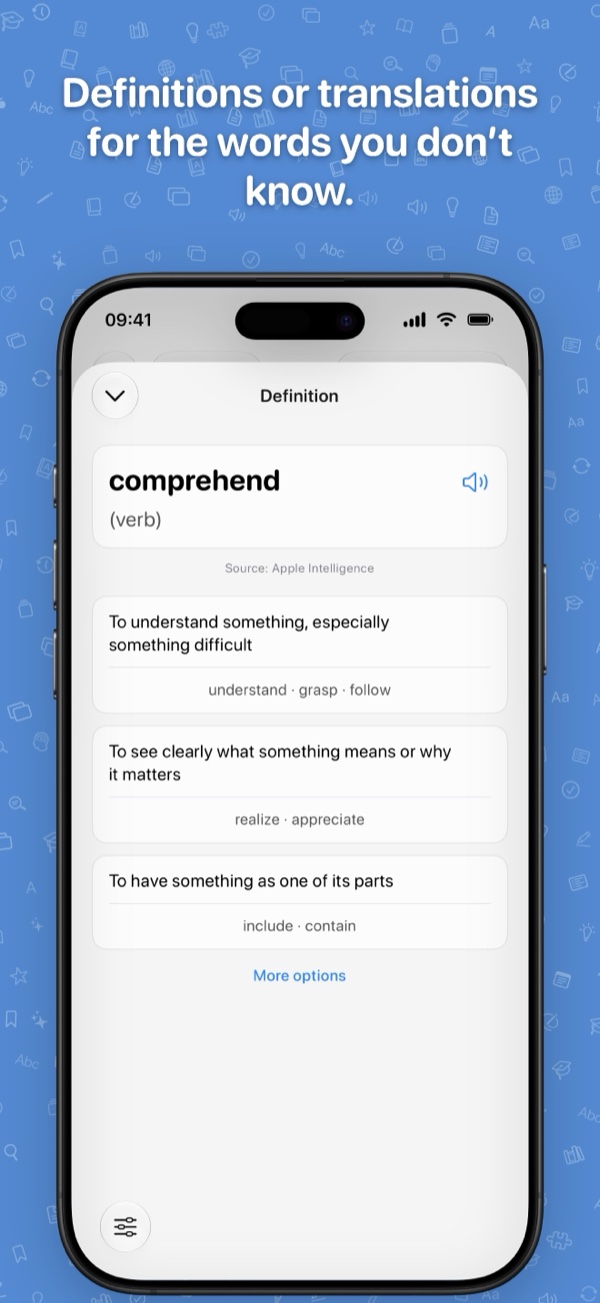 Knowmad on iPhone: the word comprehend with short definitions in simple words, each with synonyms. Caption: Definitions or translations for the words you don't know.
