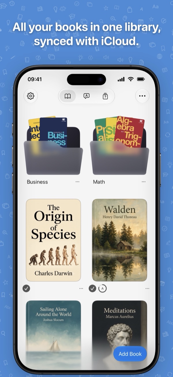 The Knowmad library: folders with book covers, and books with completed and progress marks. Caption: All your books in one library, synced with iCloud.