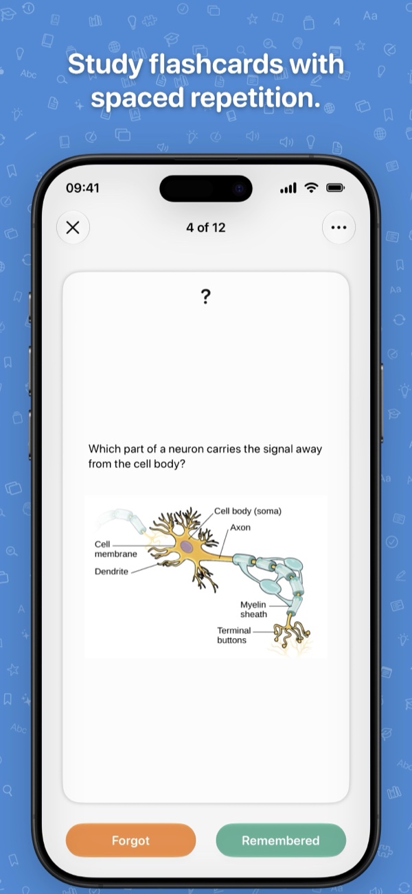 Knowmad on iPhone: a flashcard study session, card 4 of 12, asking which part of a neuron carries the signal away from the cell body, with a labeled drawing of a neuron and the Forgot and Remembered buttons. Caption: Study flashcards with spaced repetition.