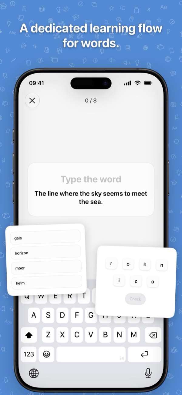 Knowmad on iPhone: a word question asking you to type the word, with a keyboard, and two cards showing the other question types: four options to choose from and letters to arrange. Caption: A dedicated learning flow for words.